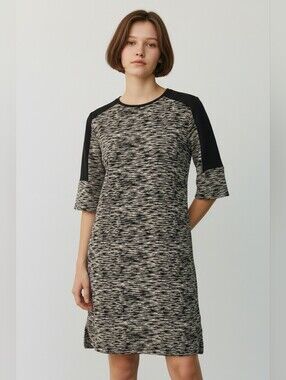French Connection Black and Cream Textured Midi Dress
